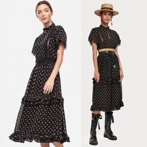 SCOTCH & SODA Tasha Ruffle Midi Dress Cottagecore Boho Black Cocktail Wedding M